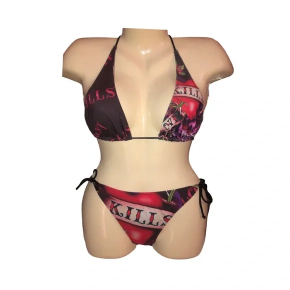Rare Vintage Ed Hardy “Love Kills” Skull String Bikini Set – Size Small - Picture 2 of 7